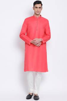 Men Pink & Off White Solid Cotton Straight Kurta with Pyjama