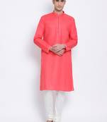 Men Pink & Off White Solid Cotton Straight Kurta with Pyjama