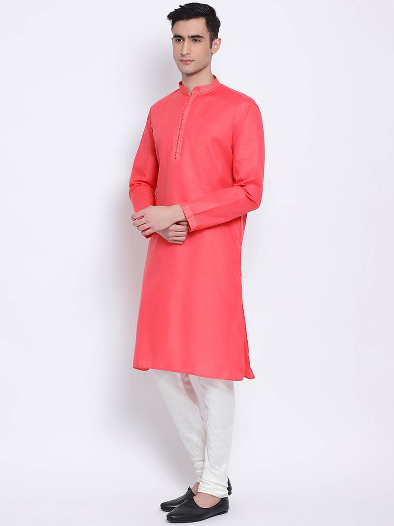 Men Pink & Off White Solid Cotton Straight Kurta with Pyjama