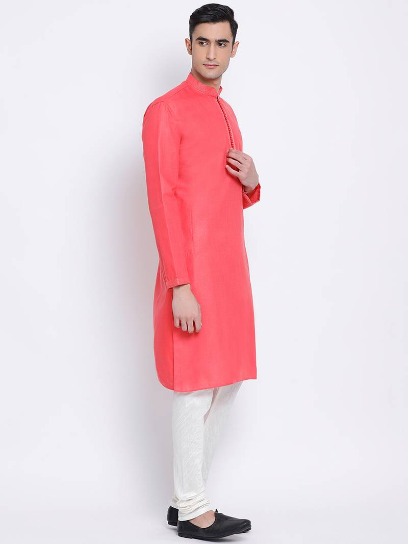 Men Pink & Off White Solid Cotton Straight Kurta with Pyjama