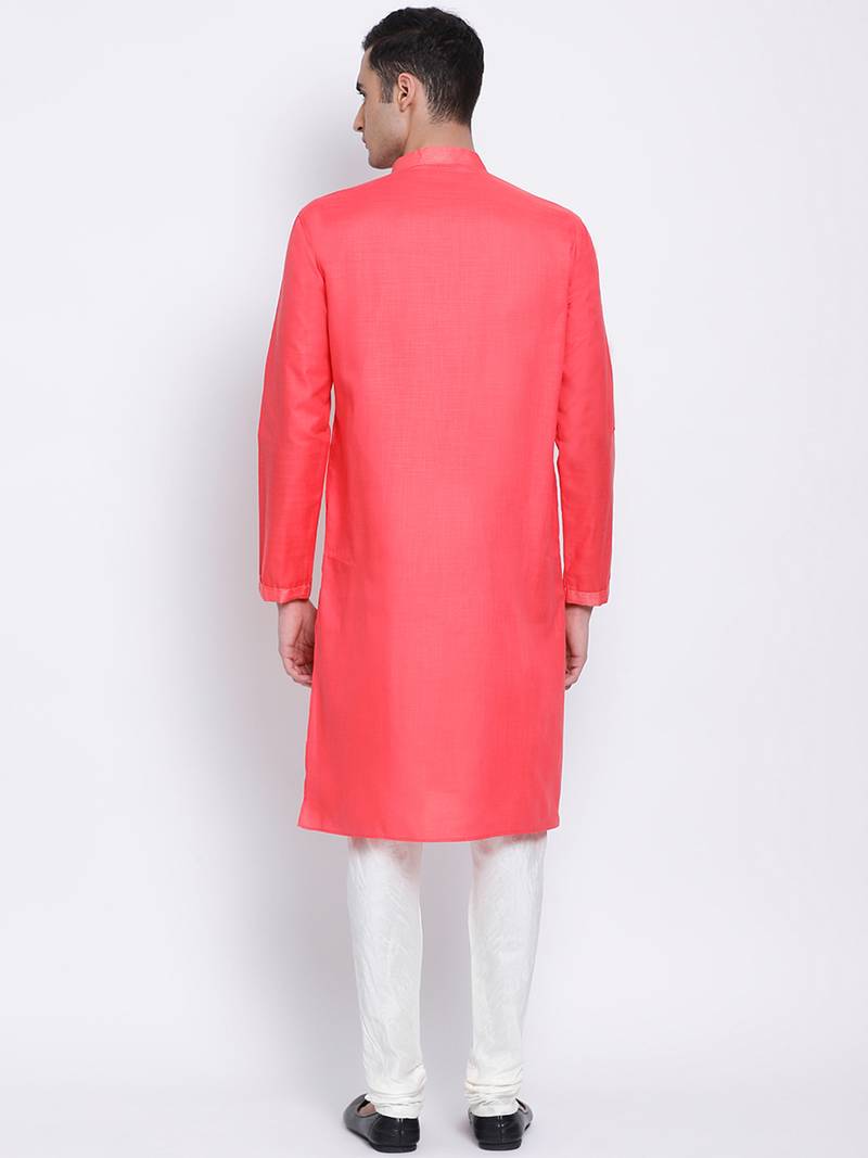 Men Pink & Off White Solid Cotton Straight Kurta with Pyjama