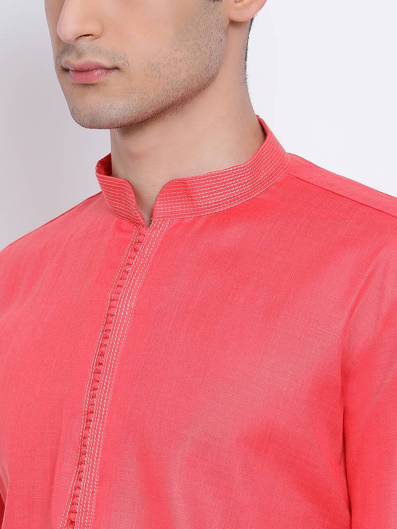 Men Pink & Off White Solid Cotton Straight Kurta with Pyjama