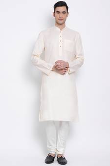 Men Beige & Off White Solid Cotton Straight Kurta with Pyjama