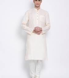 Men Beige & Off White Solid Cotton Straight Kurta with Pyjama