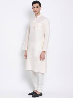 Men Beige & Off White Solid Cotton Straight Kurta with Pyjama 2