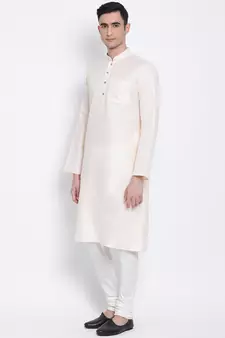 Men Beige & Off White Solid Cotton Straight Kurta with Pyjama