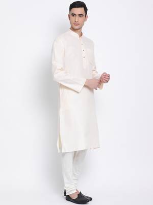 Men Beige & Off White Solid Cotton Straight Kurta with Pyjama 3