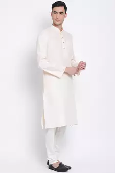 Men Beige & Off White Solid Cotton Straight Kurta with Pyjama