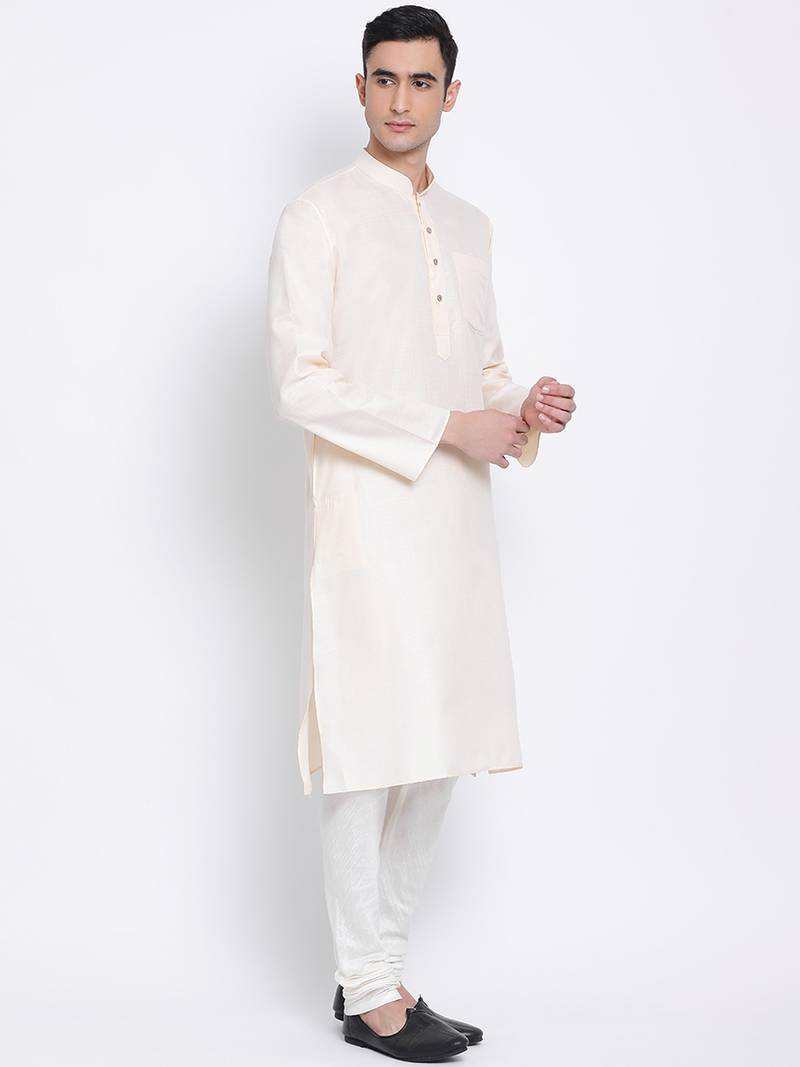 Men Beige & Off White Solid Cotton Straight Kurta with Pyjama