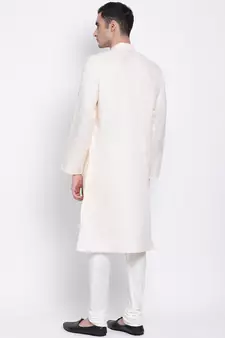 Men Beige & Off White Solid Cotton Straight Kurta with Pyjama