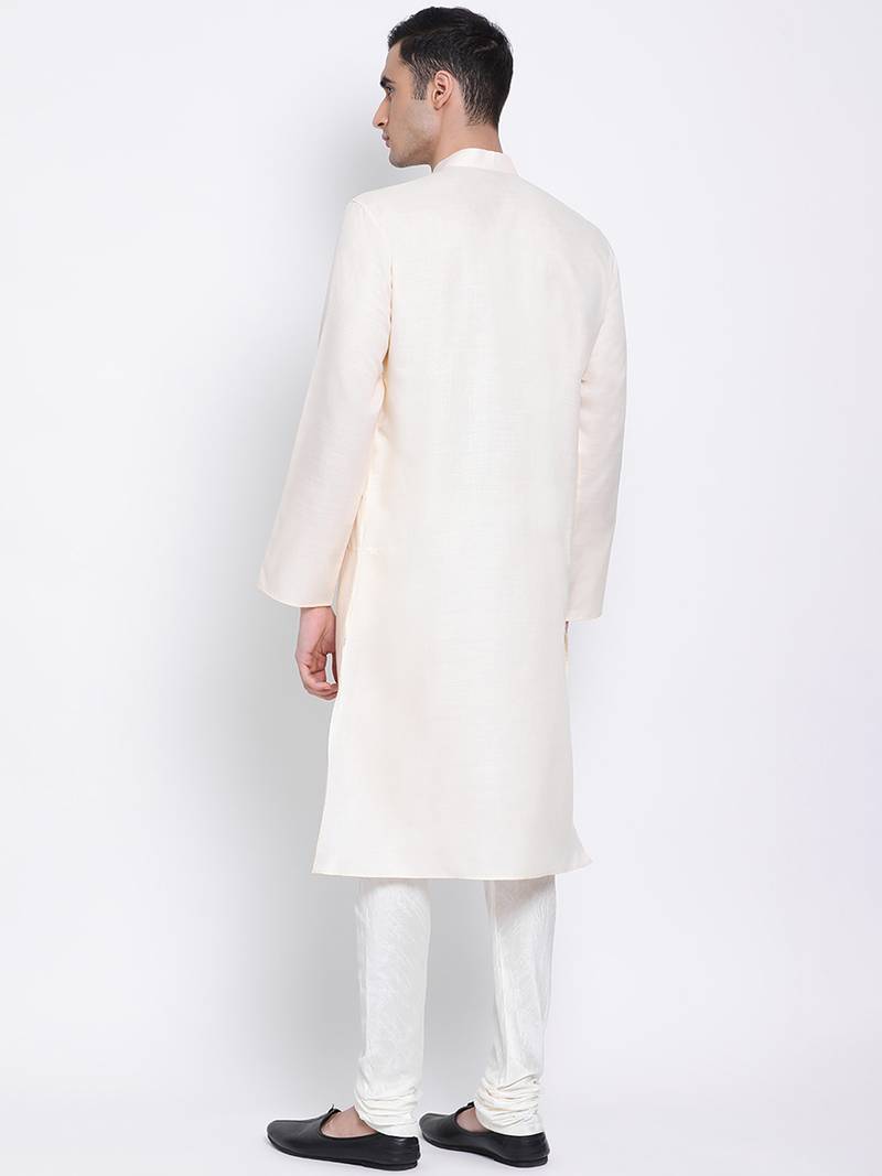Men Beige & Off White Solid Cotton Straight Kurta with Pyjama