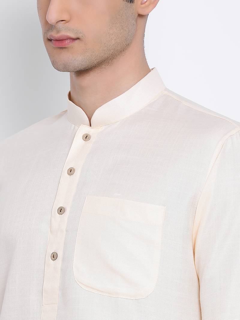 Men Beige & Off White Solid Cotton Straight Kurta with Pyjama