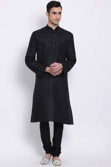 Men Black Solid Cotton Straight Kurta with Pyjama