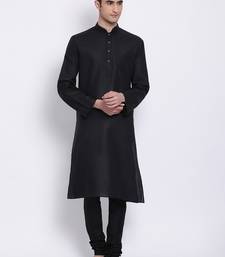 Men Black Solid Cotton Straight Kurta with Pyjama