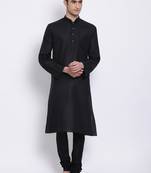 Men Black Solid Cotton Straight Kurta with Pyjama