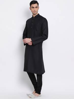 Men Black Solid Cotton Straight Kurta with Pyjama 2