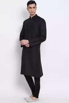 Men Black Solid Cotton Straight Kurta with Pyjama