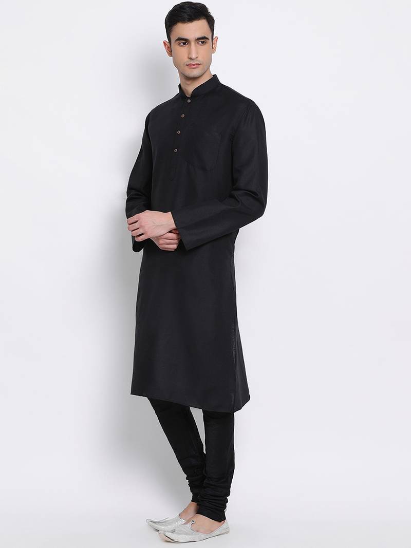 Men Black Solid Cotton Straight Kurta with Pyjama