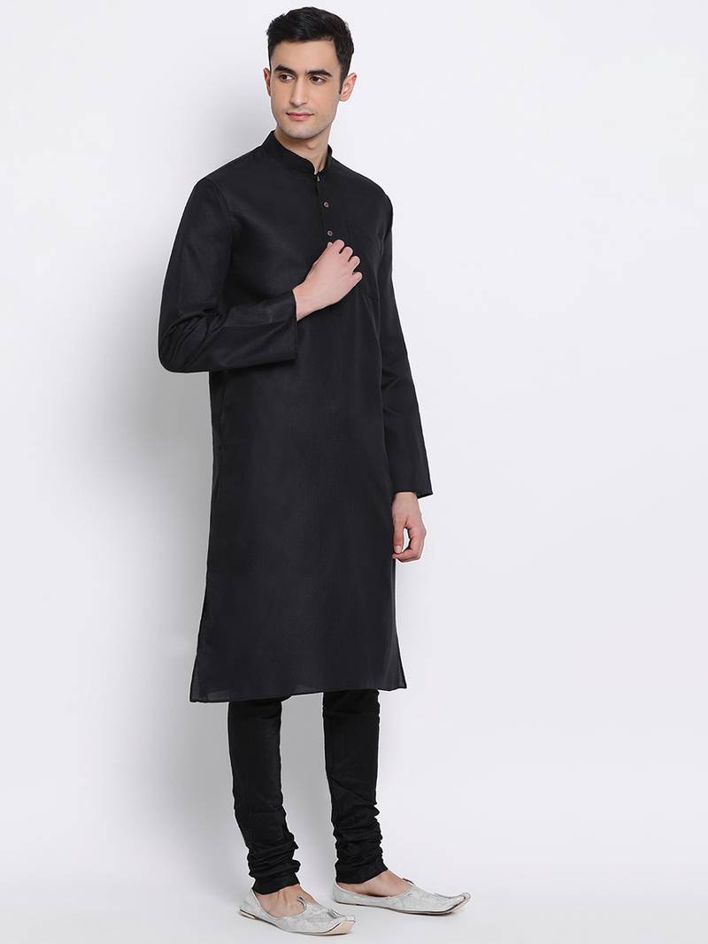 Men Black Solid Cotton Straight Kurta with Pyjama