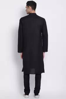 Men Black Solid Cotton Straight Kurta with Pyjama