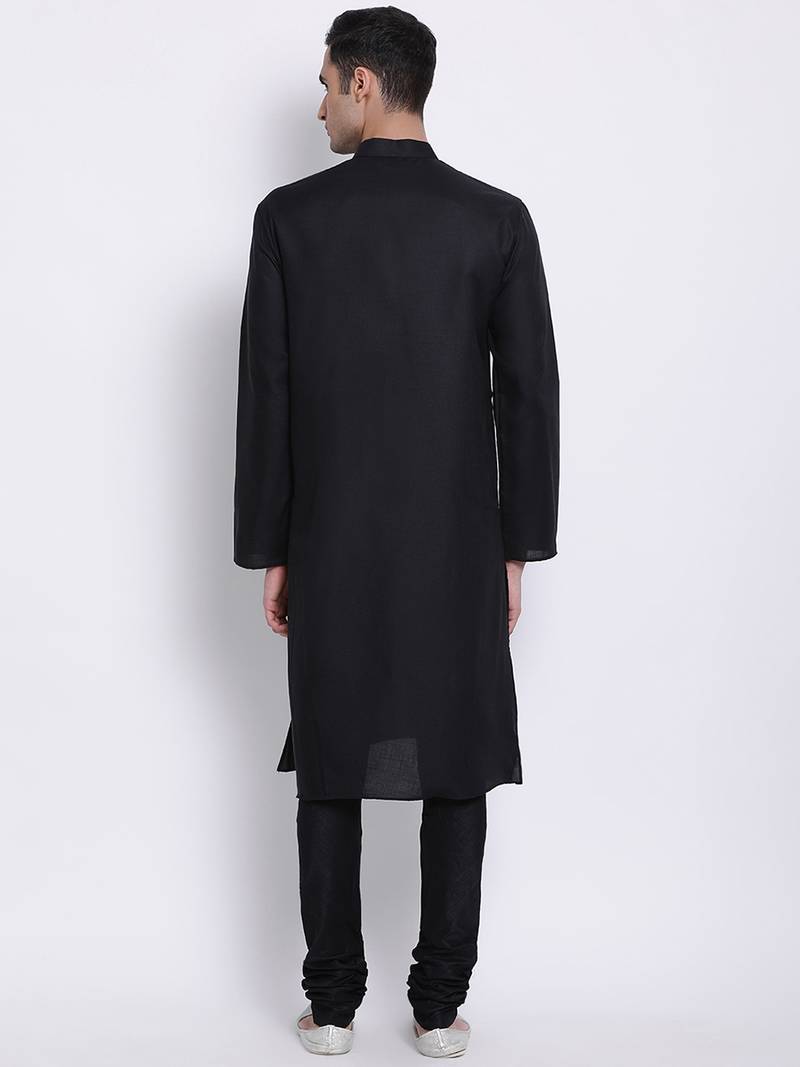 Men Black Solid Cotton Straight Kurta with Pyjama