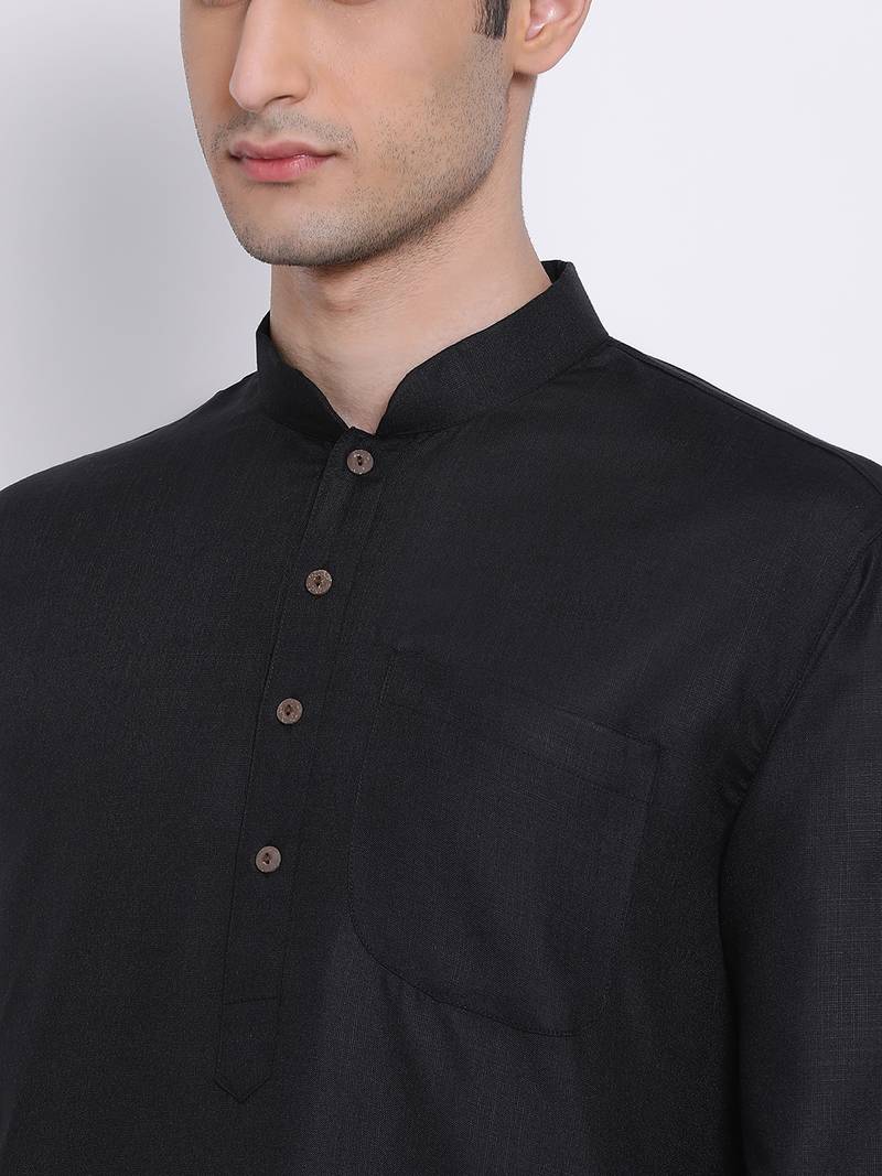 Men Black Solid Cotton Straight Kurta with Pyjama