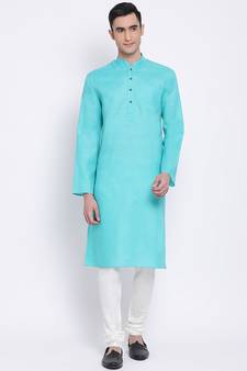 Men Sea Green & Off White Solid Cotton Straight Kurta with Pyjama