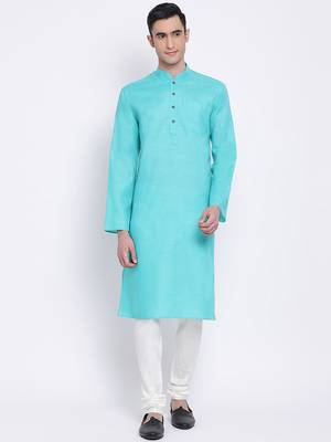 Men Sea Green & Off White Solid Cotton Straight Kurta with Pyjama 1