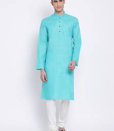 Men Sea Green & Off White Solid Cotton Straight Kurta with Pyjama
