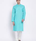 Men Sea Green & Off White Solid Cotton Straight Kurta with Pyjama