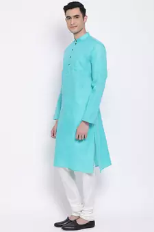 Men Sea Green & Off White Solid Cotton Straight Kurta with Pyjama