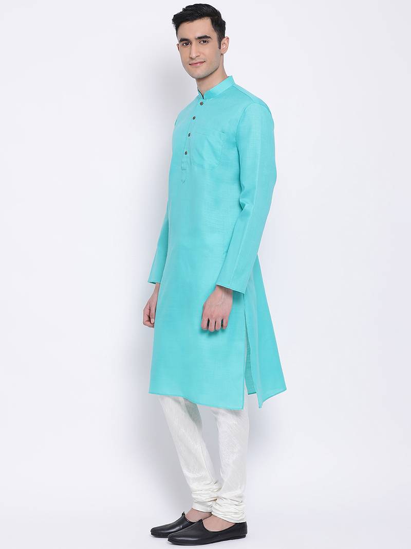 Men Sea Green & Off White Solid Cotton Straight Kurta with Pyjama