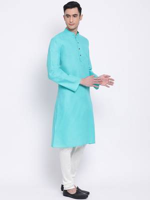 Men Sea Green & Off White Solid Cotton Straight Kurta with Pyjama 3