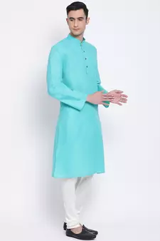 Men Sea Green & Off White Solid Cotton Straight Kurta with Pyjama