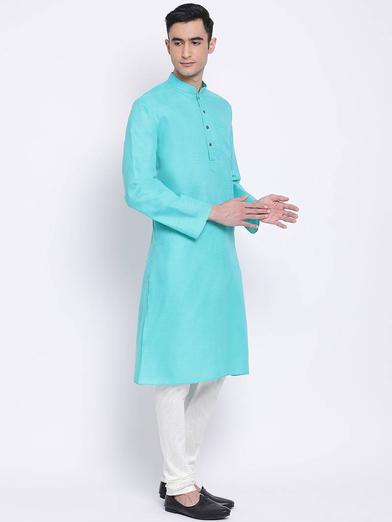 Men Sea Green & Off White Solid Cotton Straight Kurta with Pyjama