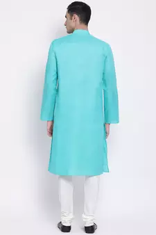 Men Sea Green & Off White Solid Cotton Straight Kurta with Pyjama