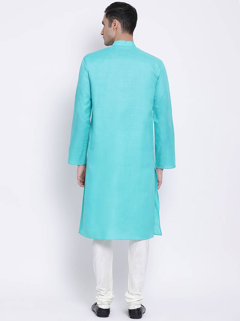 Men Sea Green & Off White Solid Cotton Straight Kurta with Pyjama