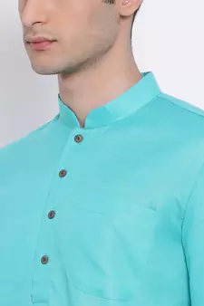 Men Sea Green & Off White Solid Cotton Straight Kurta with Pyjama