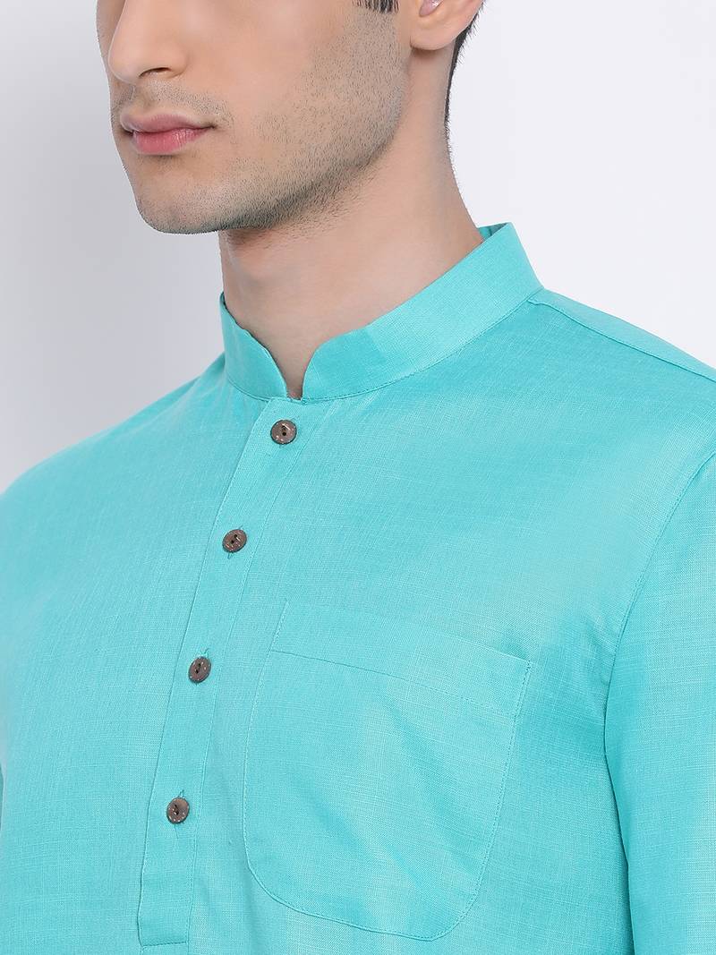 Men Sea Green & Off White Solid Cotton Straight Kurta with Pyjama