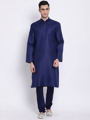 Men Deep Blue Blue Solid Cotton Straight Kurta with Pyjama 1