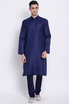 Men Deep Blue Blue Solid Cotton Straight Kurta with Pyjama