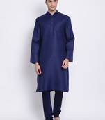 Men Deep Blue Blue Solid Cotton Straight Kurta with Pyjama