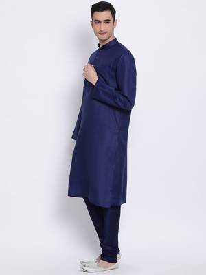 Men Deep Blue Blue Solid Cotton Straight Kurta with Pyjama 2