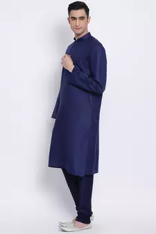 Men Deep Blue Blue Solid Cotton Straight Kurta with Pyjama