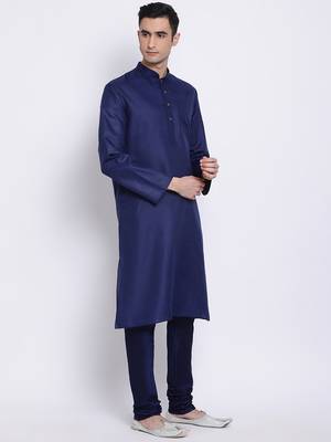 Men Deep Blue Blue Solid Cotton Straight Kurta with Pyjama 3