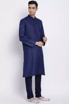 Men Deep Blue Blue Solid Cotton Straight Kurta with Pyjama