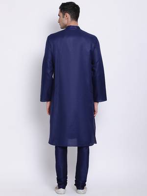 Men Deep Blue Blue Solid Cotton Straight Kurta with Pyjama 4