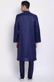 Men Deep Blue Blue Solid Cotton Straight Kurta with Pyjama