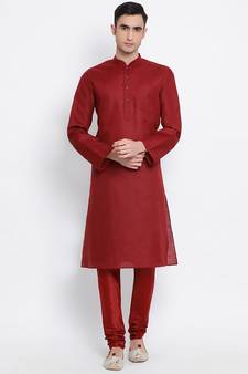 Men Maroon Solid Cotton Straight Kurta with Pyjama