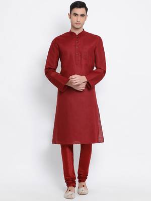Men Maroon Solid Cotton Straight Kurta with Pyjama 1